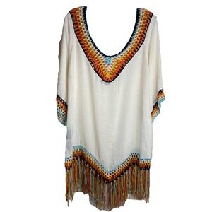 Liv Los Angeles Colorful Fringe Beige Swim Cover‎ Up Size 2X